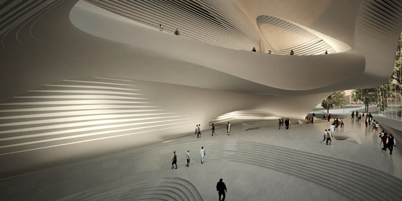 The new King Abdullah II House of Culture & Art in Jordan designed by Zaha Hadid Architects has been announced this week.<br>
<br>
The project comes after a competition awarded in June 2008, which included Snøhetta (Norway), Atelier Christian de Portzamparc (France), Delugan Meissl (Austria), Henning Larsens Tegnestue (Denmark) and Kerry Hill Architects (Singapore).<br>
<br>
The project consists in a performing arts and cultural centre that includes a 1600-seat concert theatre, 400-seat theatre, educational centre, rehearsal rooms, and galleries.<br>
<br>
As you can see on the renderings, the building is mainly a carved volume, with voids crossing it creating several visual relations.<br>
<br>
On the outside, the volume looks very simple, contrasting with the carved spaces that express themselves on the facade.<br> 